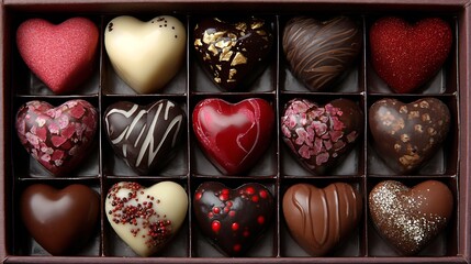 Assorted heart shaped chocolates in a box, a sweet valentines day treat