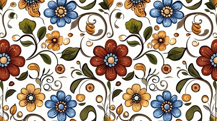 Vibrant Red Yellow Blue Floral Pattern with Swirling Vines on White Background