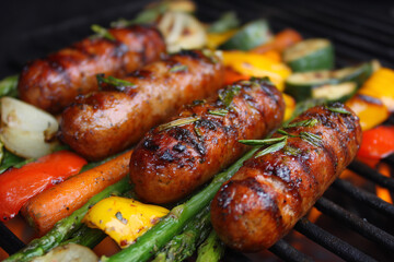 Three hot dogs are on a grill with vegetables