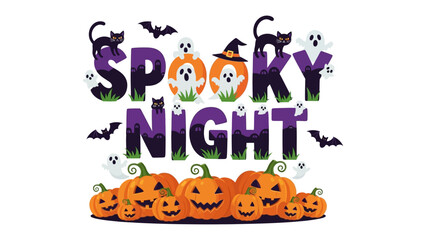 Spooky Night: Whimsical Halloween illustration featuring jack-o'-lanterns, ghosts, bats, and black cats against a vibrant backdrop. Celebrating the spirit of fright, fun, and festive Halloween joy.
