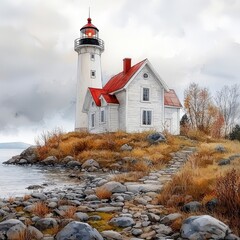 White Lighthouse on Rocky Coastline Under Overcast Sky