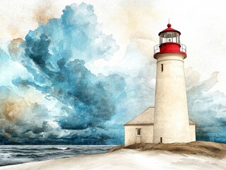 Coastal Lighthouse Watercolor Painting Under Dramatic Sky