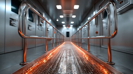 A sleek corridor illuminated by ambient LED lights presents a futuristic environment, blending technology and design to inspire innovation and exploration in a modern setting.