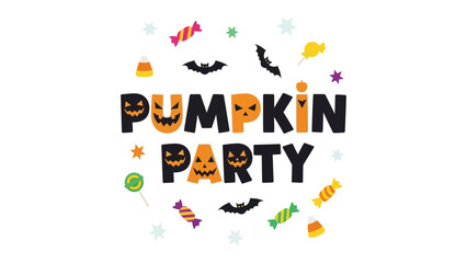 Pumpkin Party Celebration: Capturing the festive spirit of Halloween, a colorful arrangement of pumpkins, bats, candies, and other festive elements forms the heart of the event.
