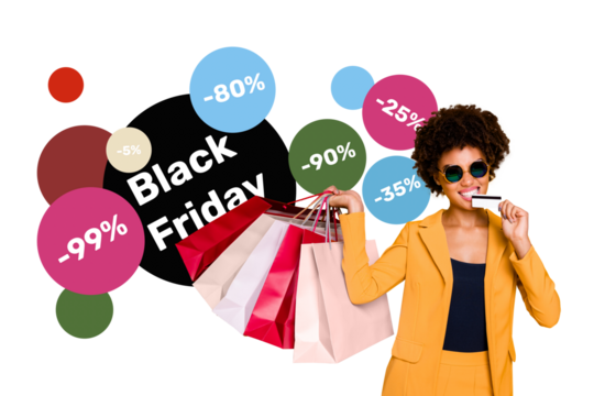 Composite photo collage of happy american girl hold credit card payment black friday offer bargain sale isolated on painted background