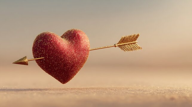 Red heart pierced by golden arrow against a blurred background of beige - Powered by Adobe