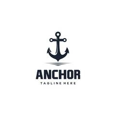 Anchor logo design vector illustration. Simple black silhouette icon for nautical and marine themes. Maritime symbol for boat, ship, navy, and sea travel. 