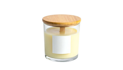 A glass candle with a wooden lid, a blank label, and yellow wax against a black background