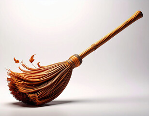 Halloween broom 3d. autumn background with leaves