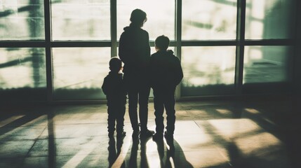 A family of three children and their father are standing in a room with a window