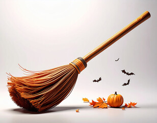 Halloween broom 3d. autumn background with leaves