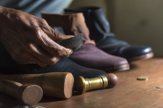 Elderly african male shoemaker polishing leather shoes with tools on wooden table.