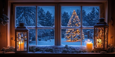 View through a romantic decorated window with lantern and candlelight to a romantically lit Christmas tree in the snow