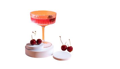 A fancy cocktail in a stemmed glass, cherries on a podium and scattered, against a black background