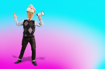 Human body headed by a ice cream with a megaphone