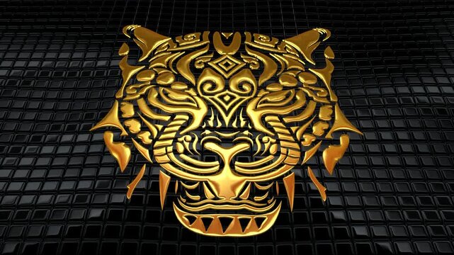 Refined Abstract Golden Leopard Head Floating Over Black Cubes, Premium and Sophisticated Ornamental Artwork for Tattoo or Fashion Design Piece