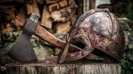 viking. Weathered Viking helmet beside wooden stump with embedded axe. event programs, museum guides, designed for cultural heritage projects and event programs, used by lab technicians.
