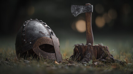 viking. Weathered Viking helmet beside wooden stump with embedded axe. event programs, museum guides, designed for cultural heritage projects and event programs, used by lab technicians.