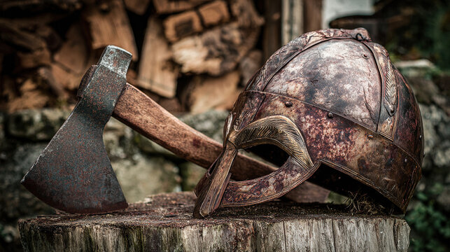 viking. Weathered Viking helmet beside wooden stump with embedded axe. event programs, museum guides, designed for cultural heritage projects and event programs, used by lab technicians.
- Powered by Adobe