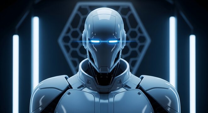 Fototapeta A futuristic armored robot with a glowing blue eye standing in a high tech environment. A powerful cyborg concept for science fiction and technology.