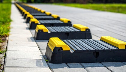 Close-up of speed humps on a pedestrian walkway, in a row