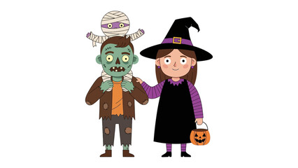Halloween Trio: A cheerful witch, a friendly zombie, and a mini-mummy, ready for a night of trick-or-treating. 