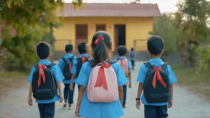 Group of children in school uniforms walking towards a yellow building filmed from the back with no faces visible - Powered by Adobe