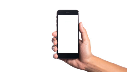 Hand holding a black smartphone with a blank white screen against a black backdrop