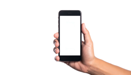 Hand holding a black smartphone with a blank white screen against a black backdrop