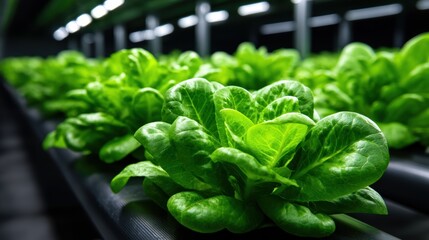 A stunning close-up of hydroponic lettuce plants flourishing in a well-lit modern indoor farm, showcasing sustainable farming practices and fresh greenery.