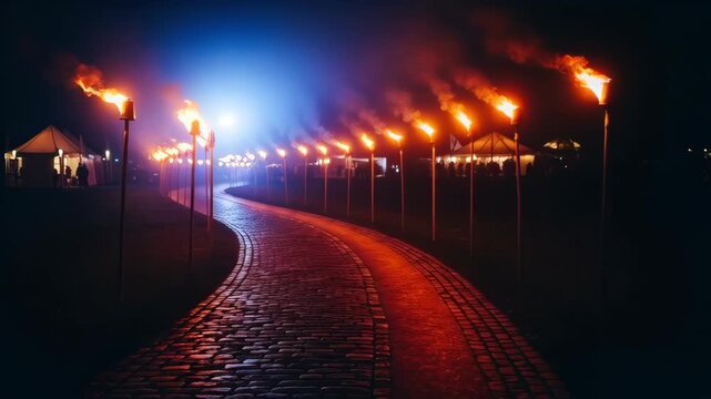Torchlit Path: Nighttime Festival Illumination with Cobblestone Road and Glowing Tents