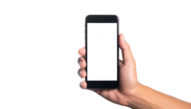 Hand holding a black smartphone with a blank white screen against a black backdrop