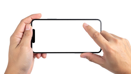 Hands holding a black smartphone, with one finger touching the screen