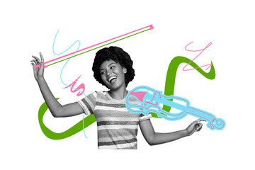 Creative picture collage young happy carefree girl play violin instrument talented musician performance concert drawing background © deagreez