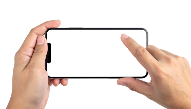 Hands holding a black smartphone, with one finger touching the screen