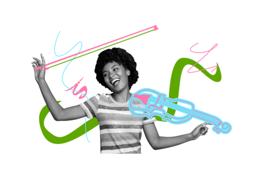 Creative picture collage young happy carefree girl play violin instrument talented musician performance concert drawing background