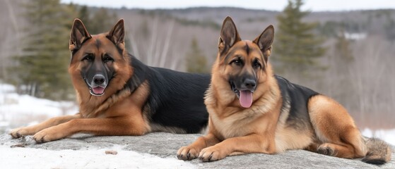 Two German Shepherds relax on a rock in a snowy landscape during a chilly winter day surrounded by trees