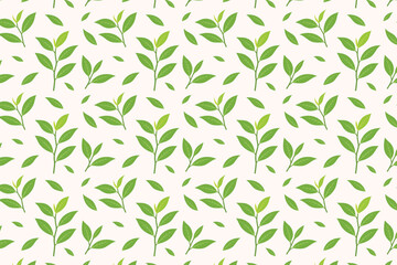 Seamless pattern of green tea leaves on a soft beige background,