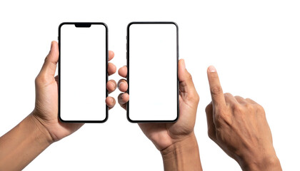 Two smartphones held in hands with a finger pointing at the screen. Black background