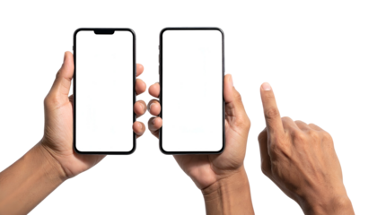 Two smartphones held in hands with a finger pointing at the screen. Black background