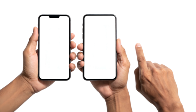 Two smartphones held in hands with a finger pointing at the screen. Black background