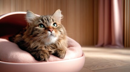 A charming cat lounging comfortably in a soft pet bed, embodying relaxation and tranquility, bringing a sense of warmth to any living space with its adorable presence.