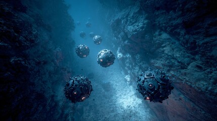 Mysterious underwater world with futuristic spheres floating in a mesmerizing blue environment, perfect for sci-fi themes