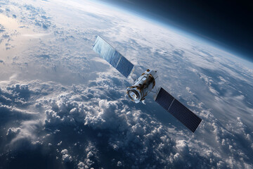 A satellite is flying through the sky above the Earth