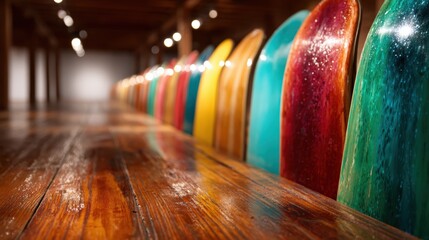 A vibrant row of surfboards showcasing a spectrum of colors reflects creativity and passion for water sports, set in a warm and inviting space designed for enthusiasts and artists alike.