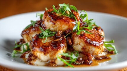 Perfectly seared scallops drizzled with a rich sauce and fresh greens create an elegant dish that highlights fine dining experiences and culinary artistry for gourmet food lovers.