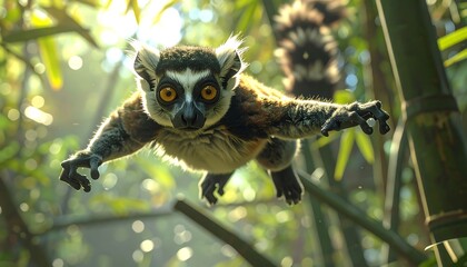 Naklejka premium A ring-tailed primate with vibrant eyes soars towards the viewer amidst sun-dappled bamboo. Another blurred lemur trails in the background