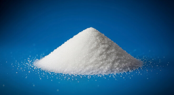 White granular crystalline powder piled on a blue background - Powered by Adobe
