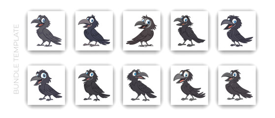 Cartoon Crow Character Expressions Set Funny Raven Mascot Emotions Collection