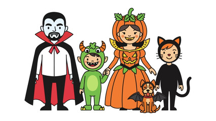 Spirited Halloween Revelry: A charming illustration of a spirited family and their furry friend joyfully dressed in a variety of delightful costumes for Halloween.